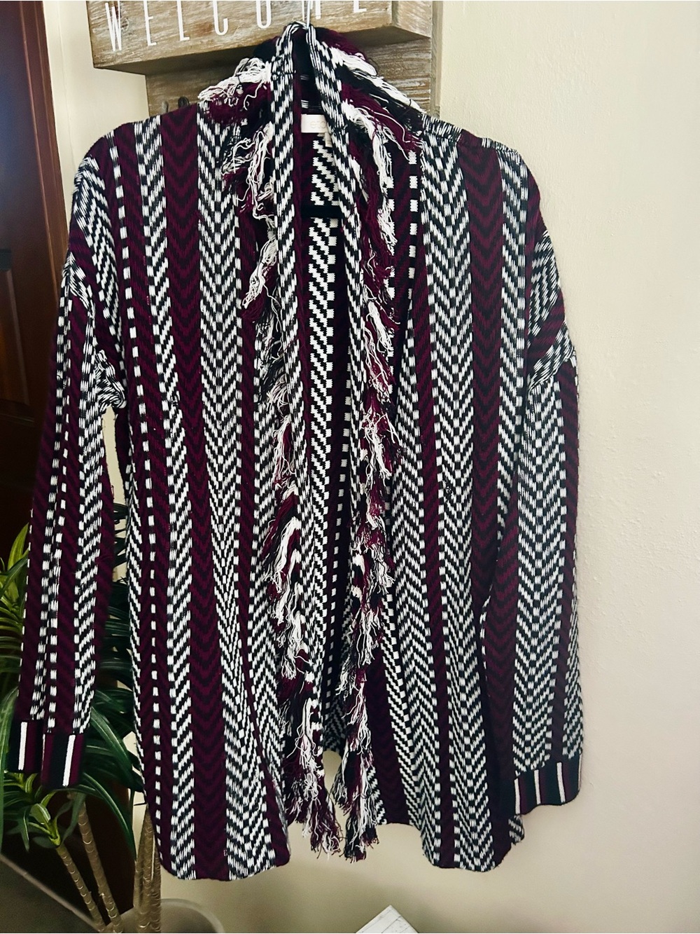 Etcetera Maroon, Black & White Striped Fringe Open-Front Cardigan